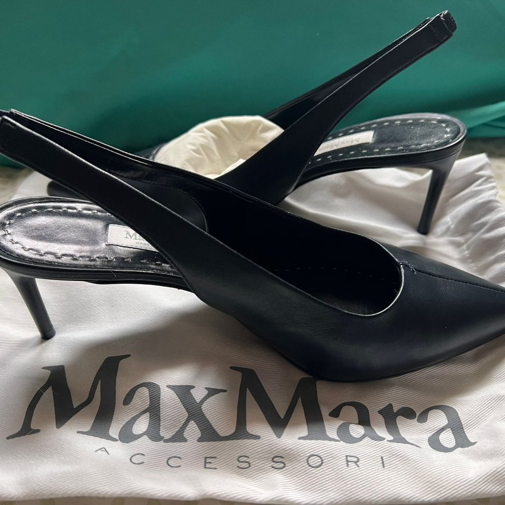 Max Mara Navy Blue Women's Sally Leather Slingback Pumps Size 7.5 - Picture 1 of 5